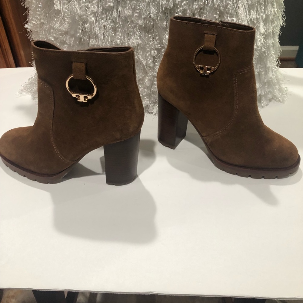 Tory Burch Sophie Lug Sole Suede Ankle Booties Heeled